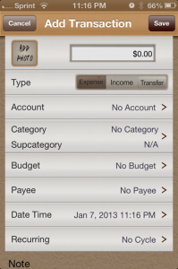 You can enter transactions and link categories, accounts, and budgets to that transaction.